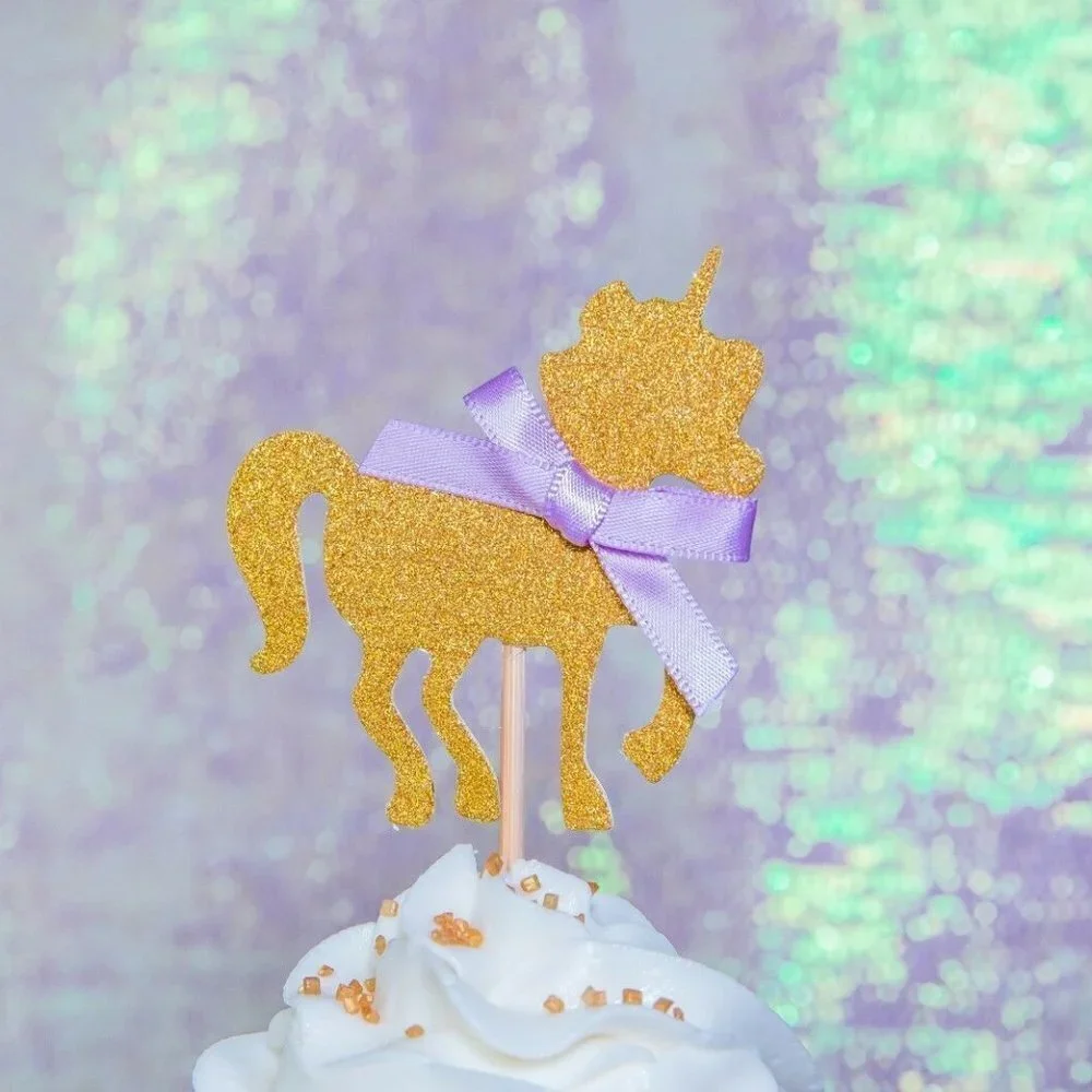 🌺 Gold Unicorn Cupcake Toppers & Classic Happy Birthday Banner